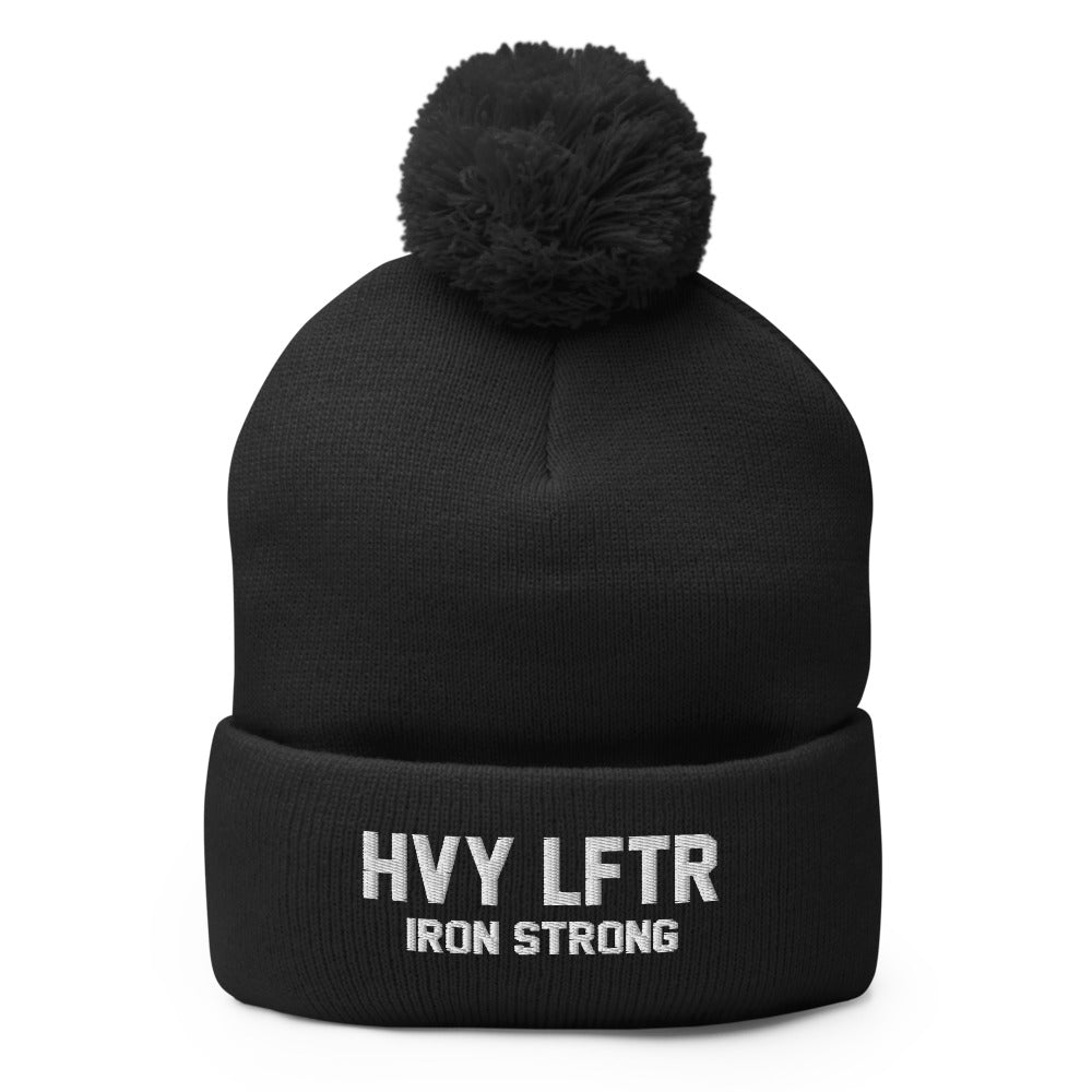The 'HVY LFTR' black weightlifting pom beanie | Iron Strong Apparel