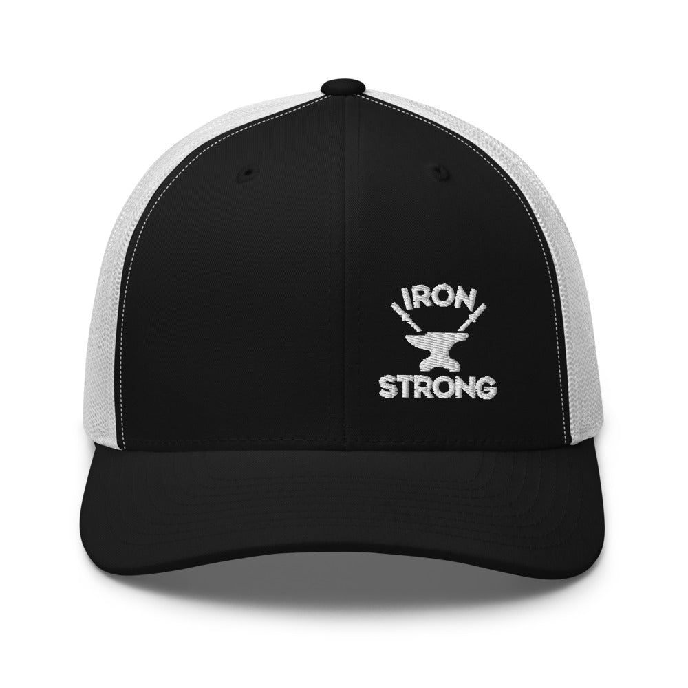 Iron & Anvil Black and white Truckers Hat | Powerlifting | Iron Strong Apparel